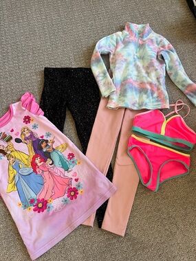 Girls Swim Set + Princess Nightgown & Cozy Top Outfit Bundle leggings size 6 / 7